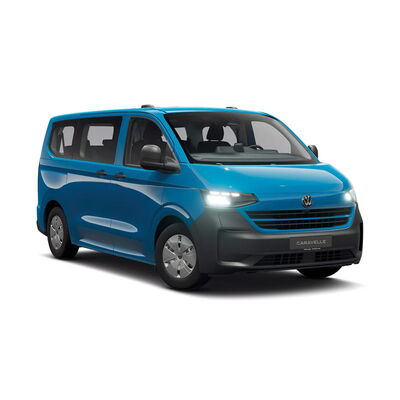 Der neue, moderne Volkswagen e-Caravelle, präsentiert von Auto Röhr, strahlt in einem auffälligen Blau.