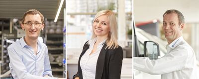 Drei Mitarbeiter von Auto Röhr lächeln in die Kamera, ein Mann in einem Lager und zwei Personen im Büro.