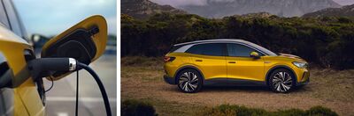 Gelbes Elektroauto wird aufgeladen, daneben dasselbe Modell in Landschaft. Thema E-Mobilität bei Auto Röhr.