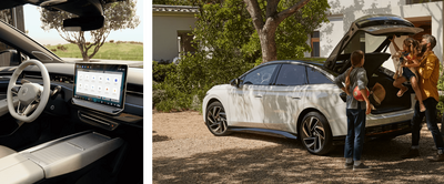 Eine Familie packt ihren Kofferraum eines modernen Volkswagens. Innenansicht zeigt das Cockpit. | Volkswagen Zentrum Passau