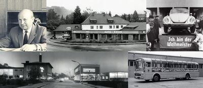 Historische Bilder zeigen Auto Röhr und Volkswagen Zentrum Passau mit einem Bus von Erich Röhr GmbH & Co. KG in den 1960er Jahren.