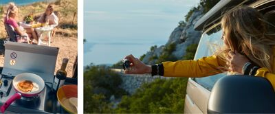 Zwei Personen frühstücken in der Natur, während jemand aus einem Auto ein Foto macht. Freizeit und Mobilität. Škoda Auto Röhr.