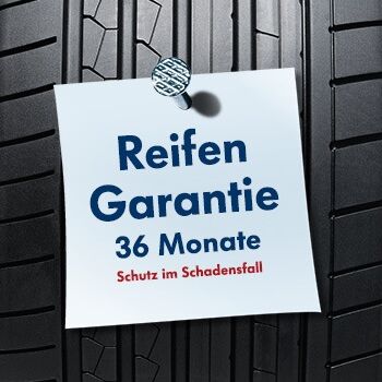 Ein Reifen mit einem Schild, das eine 36-monatige Reifengarantie und Schutz im Schadensfall.