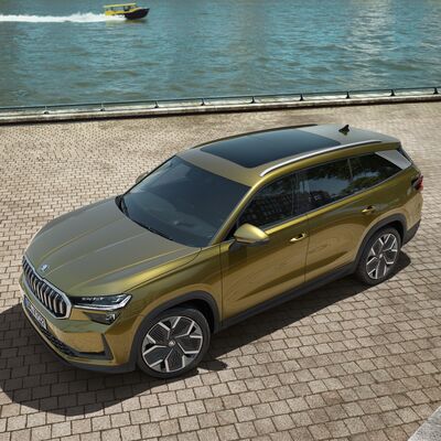 Goldener Škoda SUV auf gepflastertem Parkplatz am Wasser | Škoda Auto Röhr.