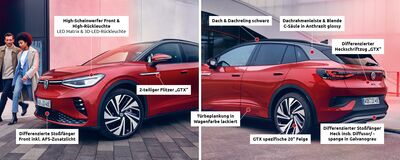 Roter Volkswagen ID.4 GTX mit markanten Details und Beschriftungen, geparkt vor einem modernen Gebäude. | © Auto Röhr