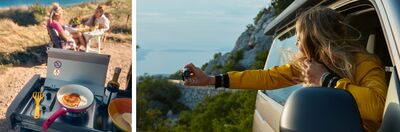 Eine Frau macht ein Foto aus einem Auto, während eine Gruppe im Freien isst. | Škoda Auto Röhr.