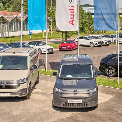 Eine Reihe von Autos steht vor dem Audi Zentrum Passau aufgereiht, darunter mehrere Volkswagen-Modelle.