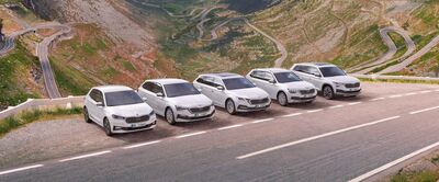 Eine Reihe von fünf weißen Škoda Autos steht auf einer Bergstraße mit Serpentinen im Hintergrund.