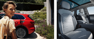 Eine Frau lächelt neben einem roten SUV, während im Innenraum des Autos elegante, moderne Sitze erkennbar sind.