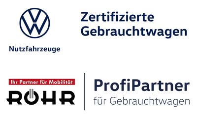 Das Bild zeigt das Logo von Volkswagen Nutzfahrzeuge und Auto Röhr als zertifizierte Gebrauchtwagen ProfiPartner.