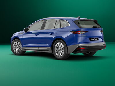 Der Škoda Enyaq präsentiert sich in strahlendem Blau vor grünem Hintergrund. | © Erich Röhr GmbH & Co. KG