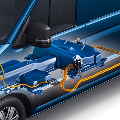 Darstellung eines blauen Elektrofahrzeugs mit sichtbarer Batterieeinheit und Kabeln. Škoda Auto Röhr.