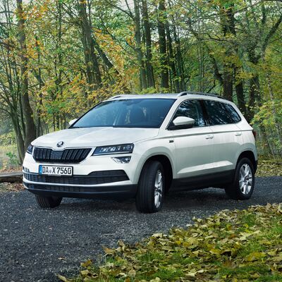 Weißer Škoda Karoq SUV steht auf einer Waldstraße, umgeben von Herbstblättern. Škoda Auto Röhr.