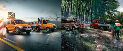 Straßenszene mit zwei orangefarbenen Volkswagen-Nutzfahrzeugen bei Bauarbeiten. | © Volkswagen Zentrum Passau