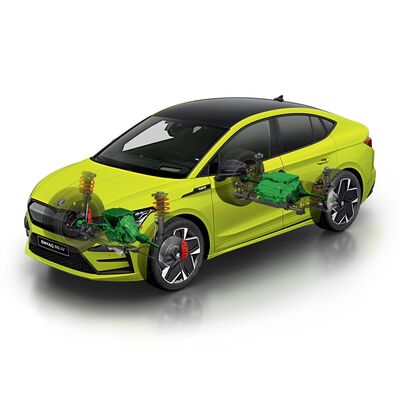 Škoda Enyaq RS iV Coupé in leuchtendem Gelb mit sichtbarer Technikdarstellung. Škoda Auto Röhr.
