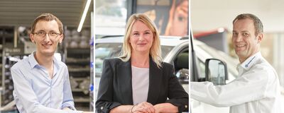 Drei Ansprechpartner von Auto Röhr lächeln freundlich in die Kamera, bereit, Kunden im Volkswagen Zentrum Passau zu unterstützen.