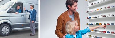 Ein Mann in einem Lieferwagen spricht mit einem anderen, während ein Vater und Kind eine Modellautosammlung betrachten.