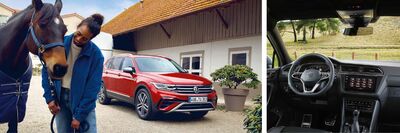 Eine Frau steht neben einem Pferd vor einem roten Volkswagen, präsentiert von Auto Röhr.